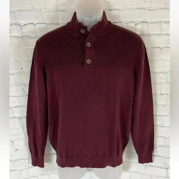 Club Room Men size M Button Mock Neck Knit Sweater Maroon burgundy red Pullover - Picture 1 of 14